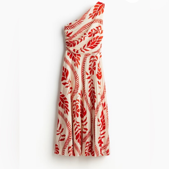 H&M one shoulder red and ivory pleated dress - Picture 1 of 2